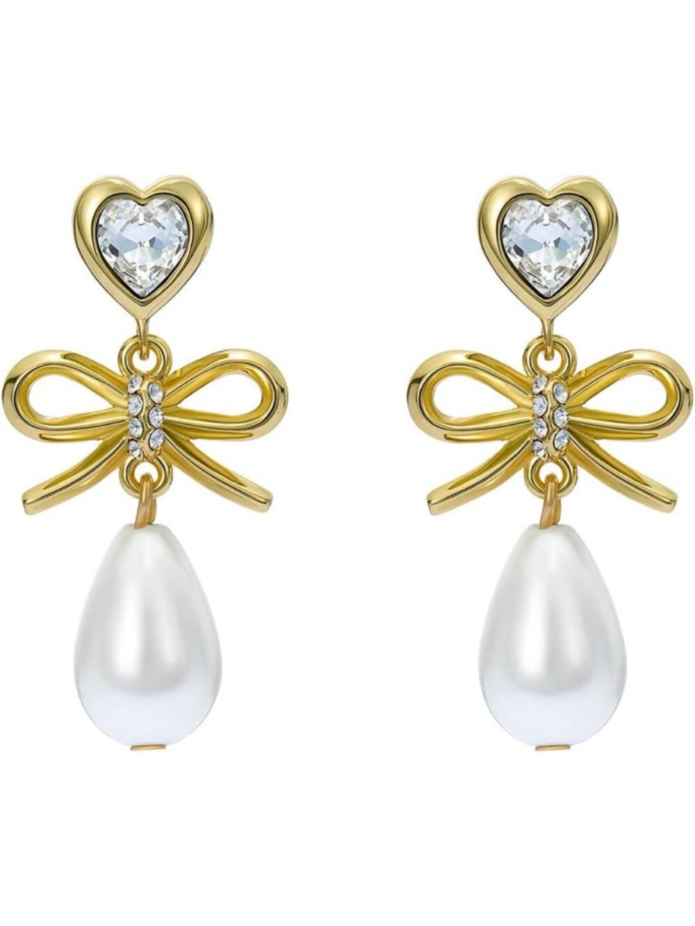 Chic Heart Bow Pearl Drop Earrings - Elegant Charm Jewelry for Women